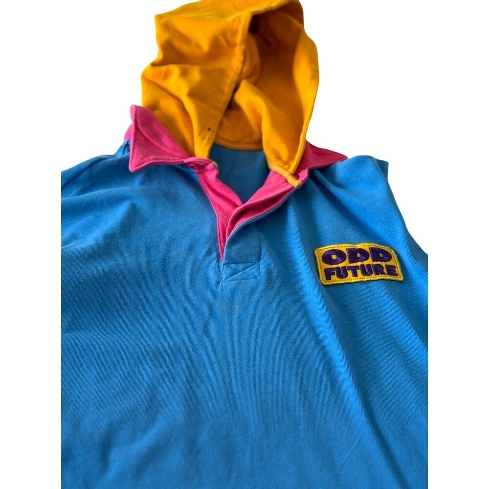 Odd Future Cotton Hooded Rugby Shirt Mens L Blue Colorblock Embroidered Patch - Picture 5 of 8